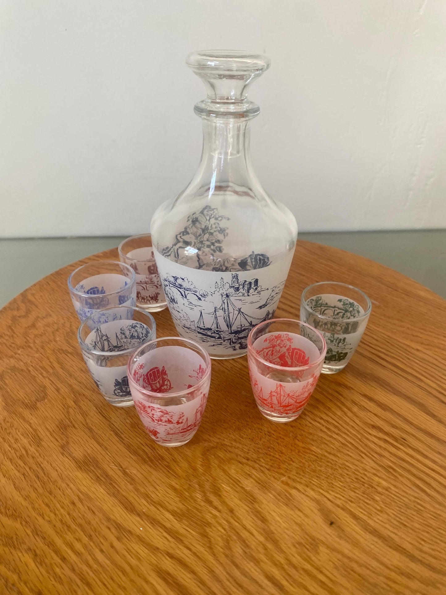 Vintage Glass Decanter with Ship Motif and 6 Small Colourful Glasses