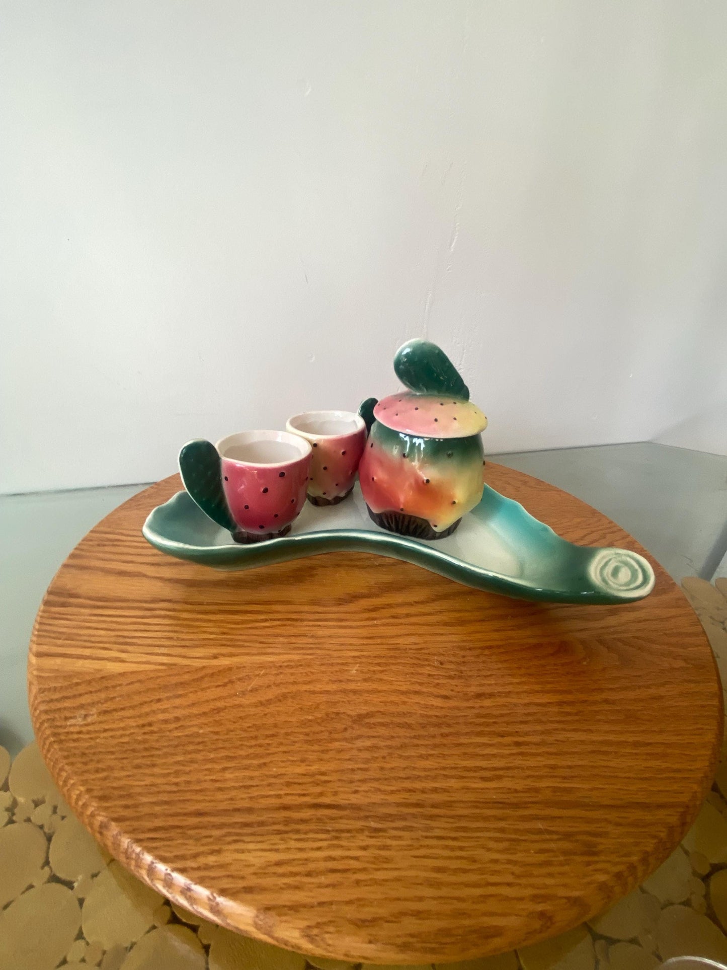 Vintage Sicility Pickly Pear Pottery Tray 2 Tea Cups and Sugar Set