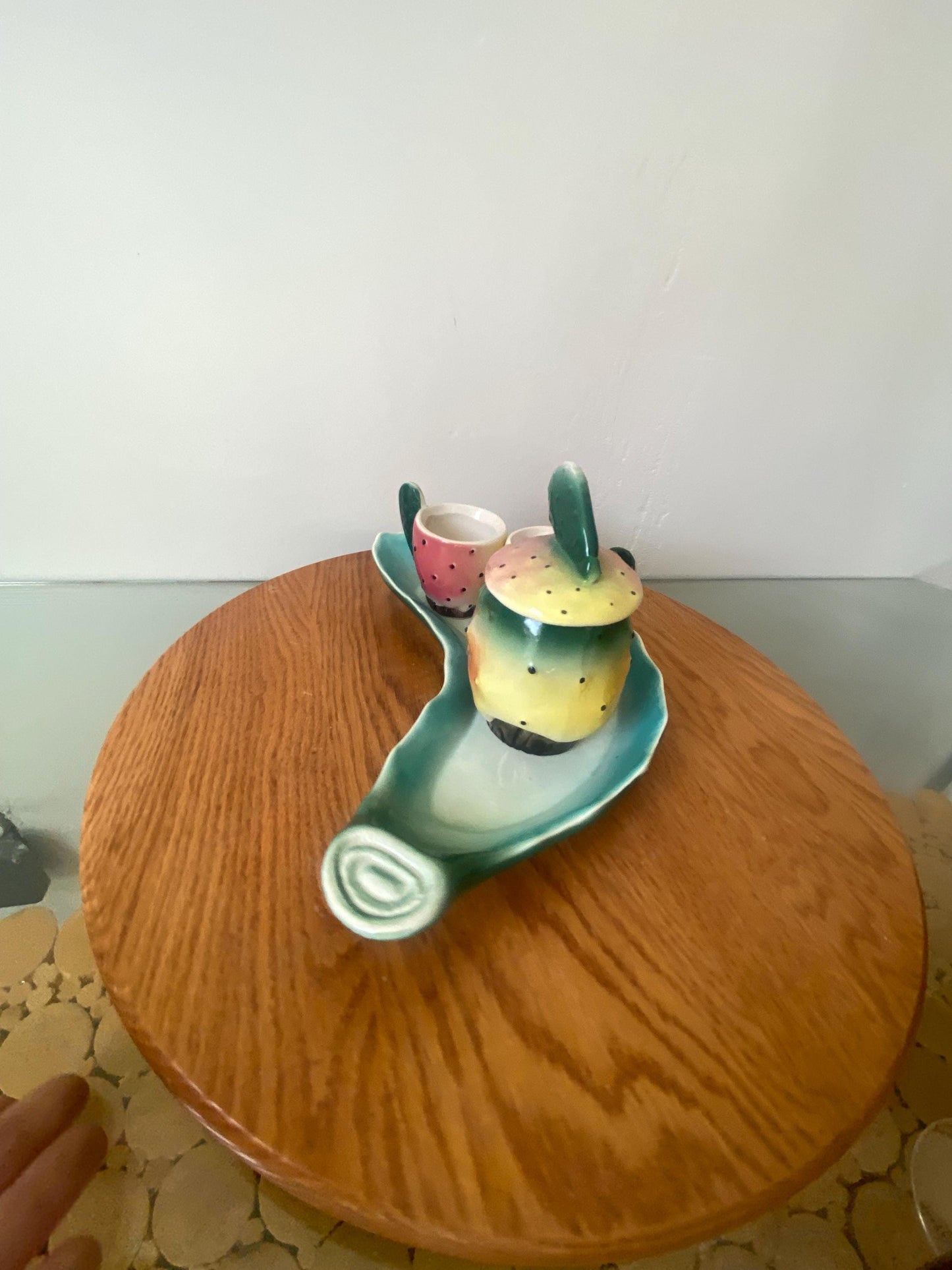 Vintage Sicility Pickly Pear Pottery Tray 2 Tea Cups and Sugar Set