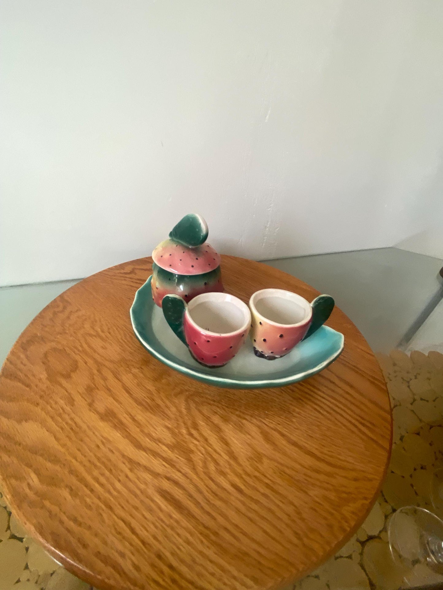 Vintage Sicility Pickly Pear Pottery Tray 2 Tea Cups and Sugar Set