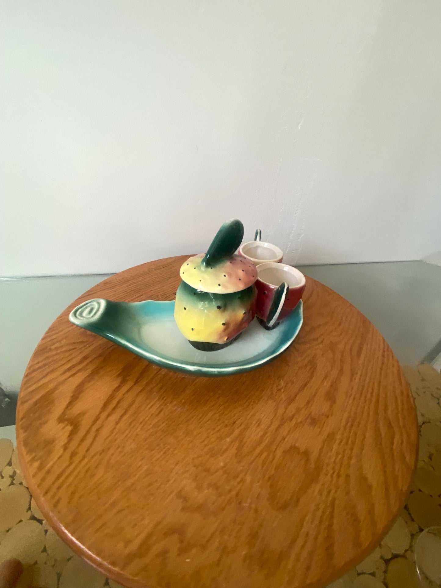 Vintage Sicility Pickly Pear Pottery Tray 2 Tea Cups and Sugar Set