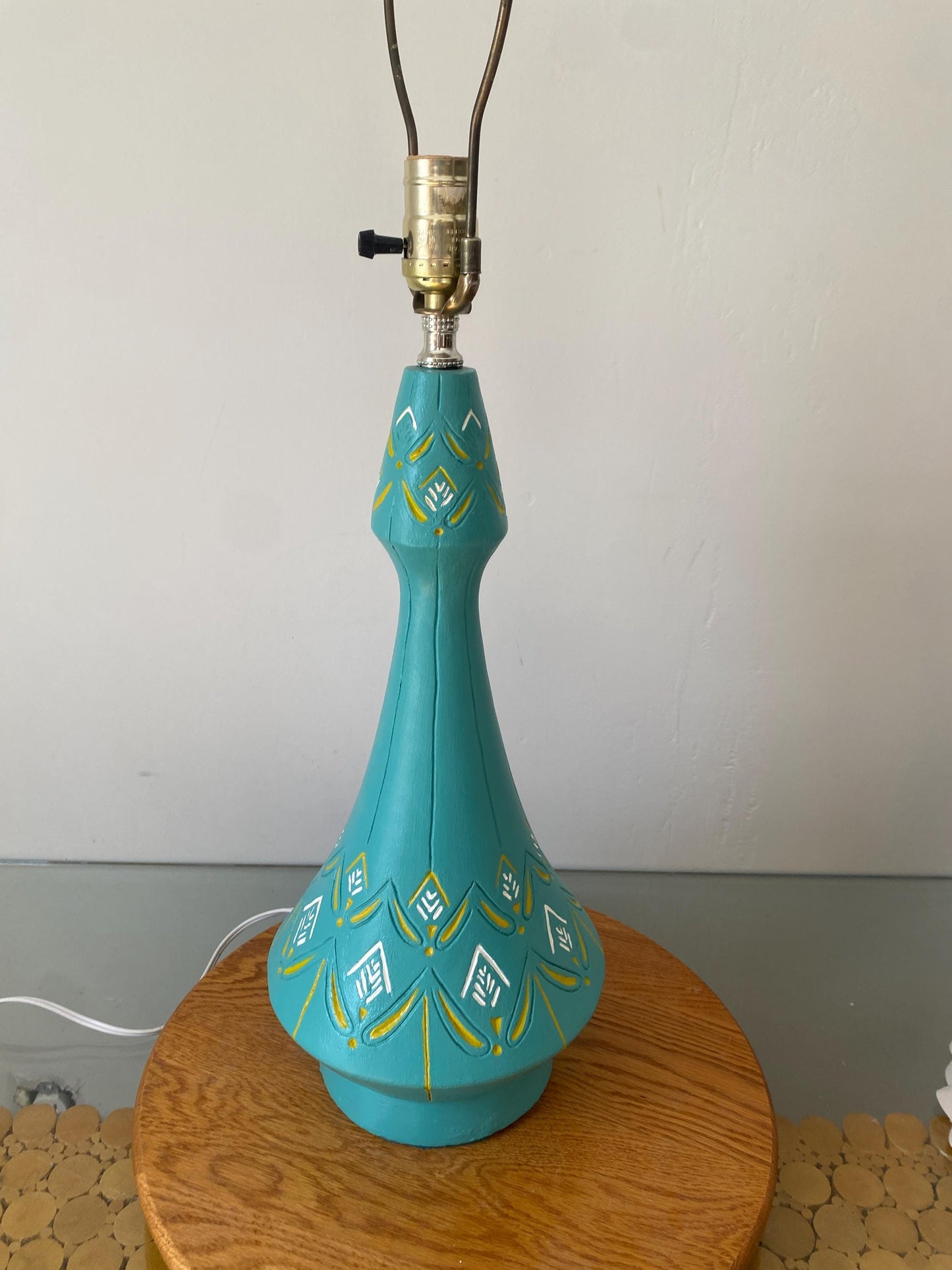 Tall MCM Blue Yellow and White Chalkware Table Lamp No Shade