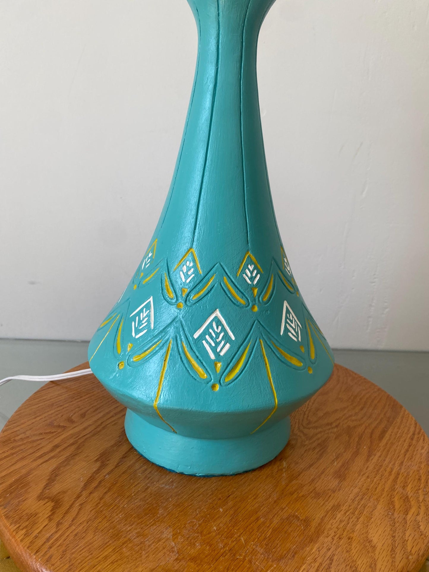 Tall MCM Blue Yellow and White Chalkware Table Lamp No Shade