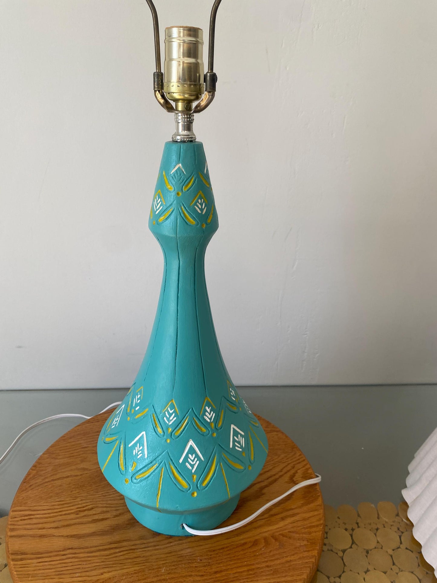 Tall MCM Blue Yellow and White Chalkware Table Lamp No Shade