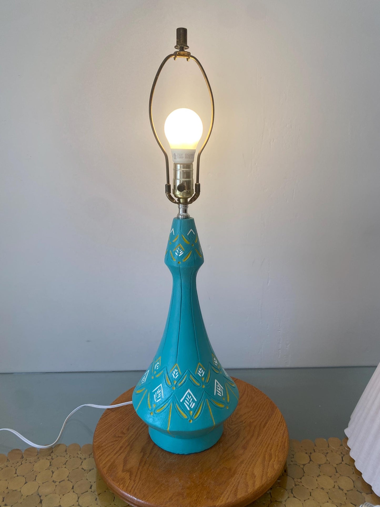 Tall MCM Blue Yellow and White Chalkware Table Lamp No Shade