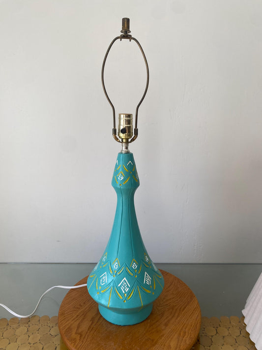 Tall MCM Blue Yellow and White Chalkware Table Lamp No Shade