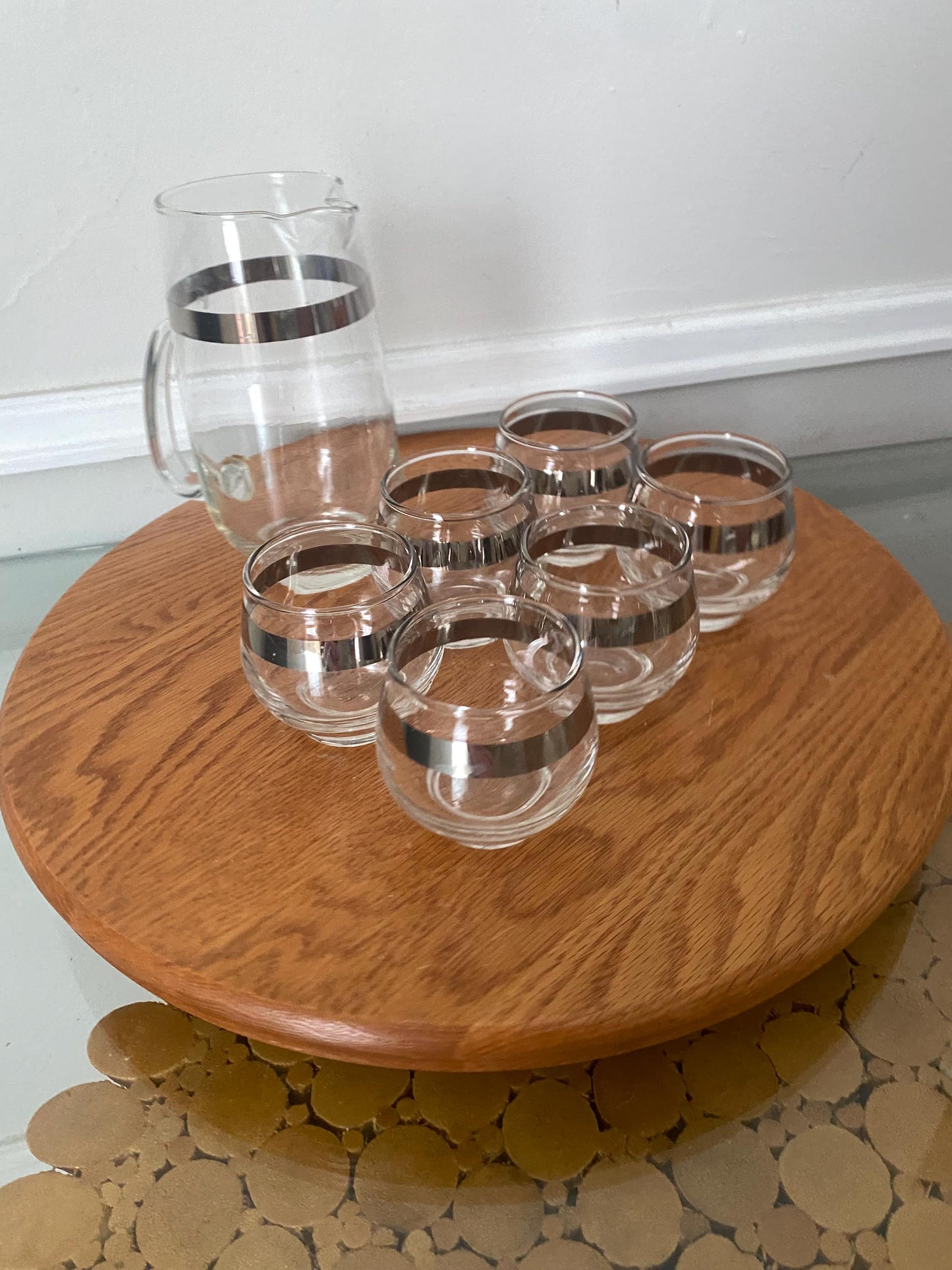 Vintage Set of 7 Teeny Roly Poly Glasses with Silver Stripe and Matching Pitcher