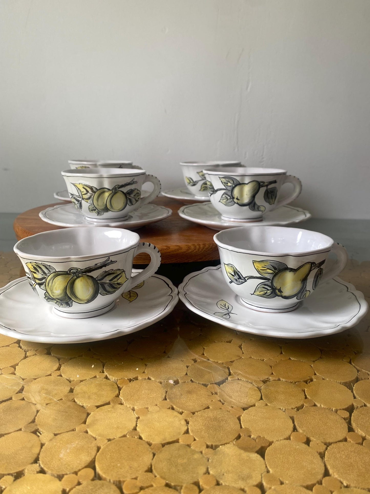 Vintage  Set of 6 Hand Painted Ceramic Cups with Pears and Plums and Saucers Made in Italy