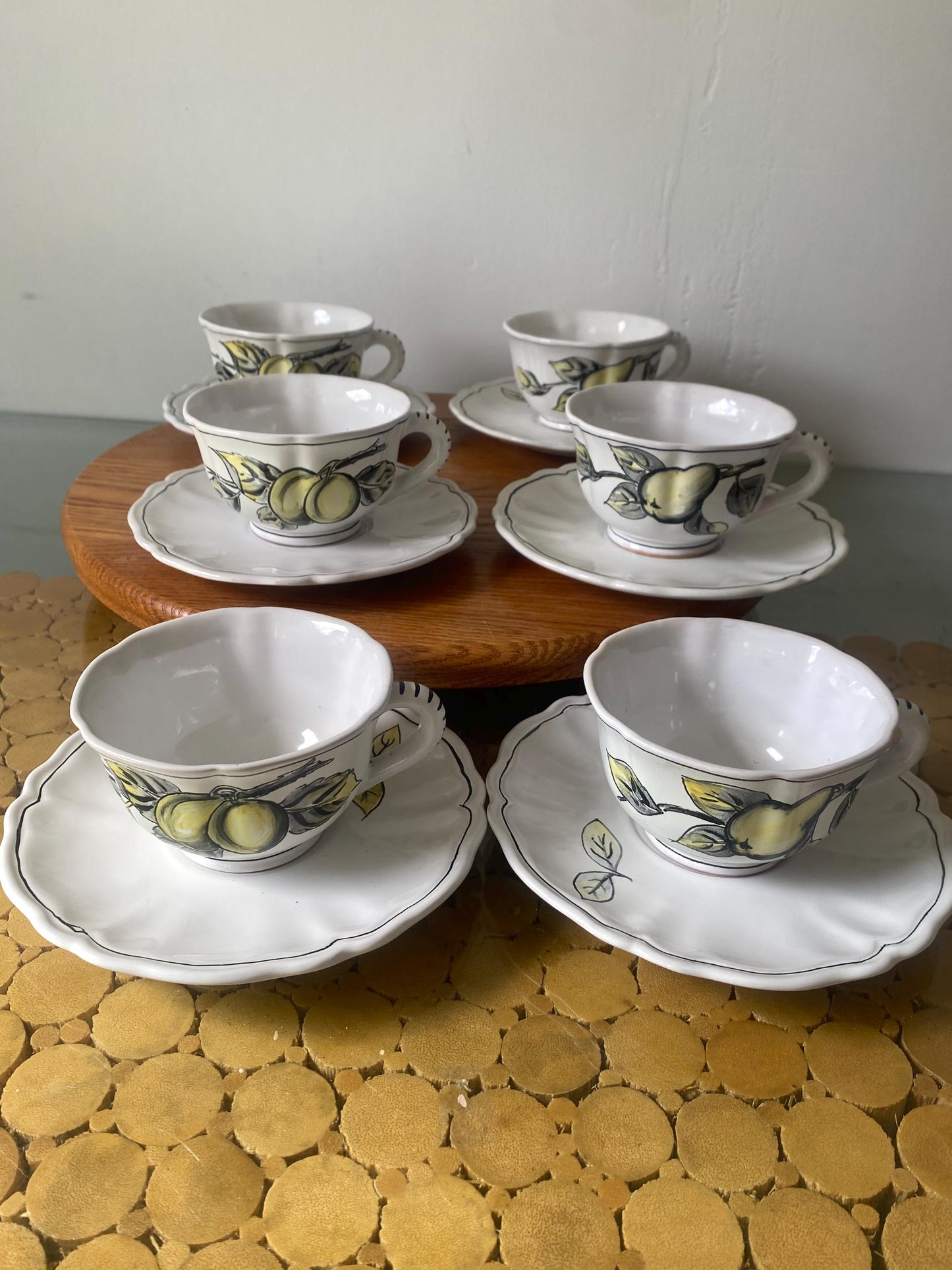 Vintage  Set of 6 Hand Painted Ceramic Cups with Pears and Plums and Saucers Made in Italy