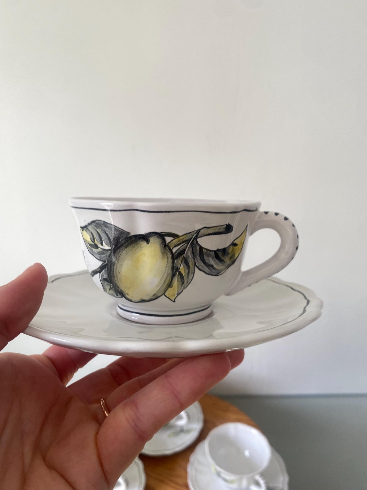 Vintage  Set of 4 Hand Painted Ceramic Cups with Apples and Lemons and Saucers Made in Italy