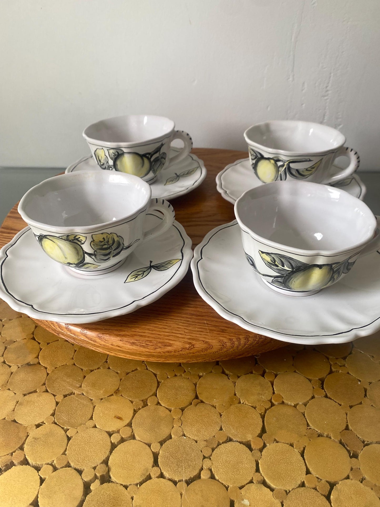 Vintage  Set of 4 Hand Painted Ceramic Cups with Apples and Lemons and Saucers Made in Italy