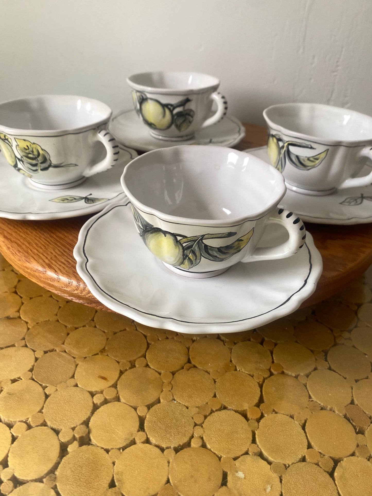 Vintage  Set of 4 Hand Painted Ceramic Cups with Apples and Lemons and Saucers Made in Italy