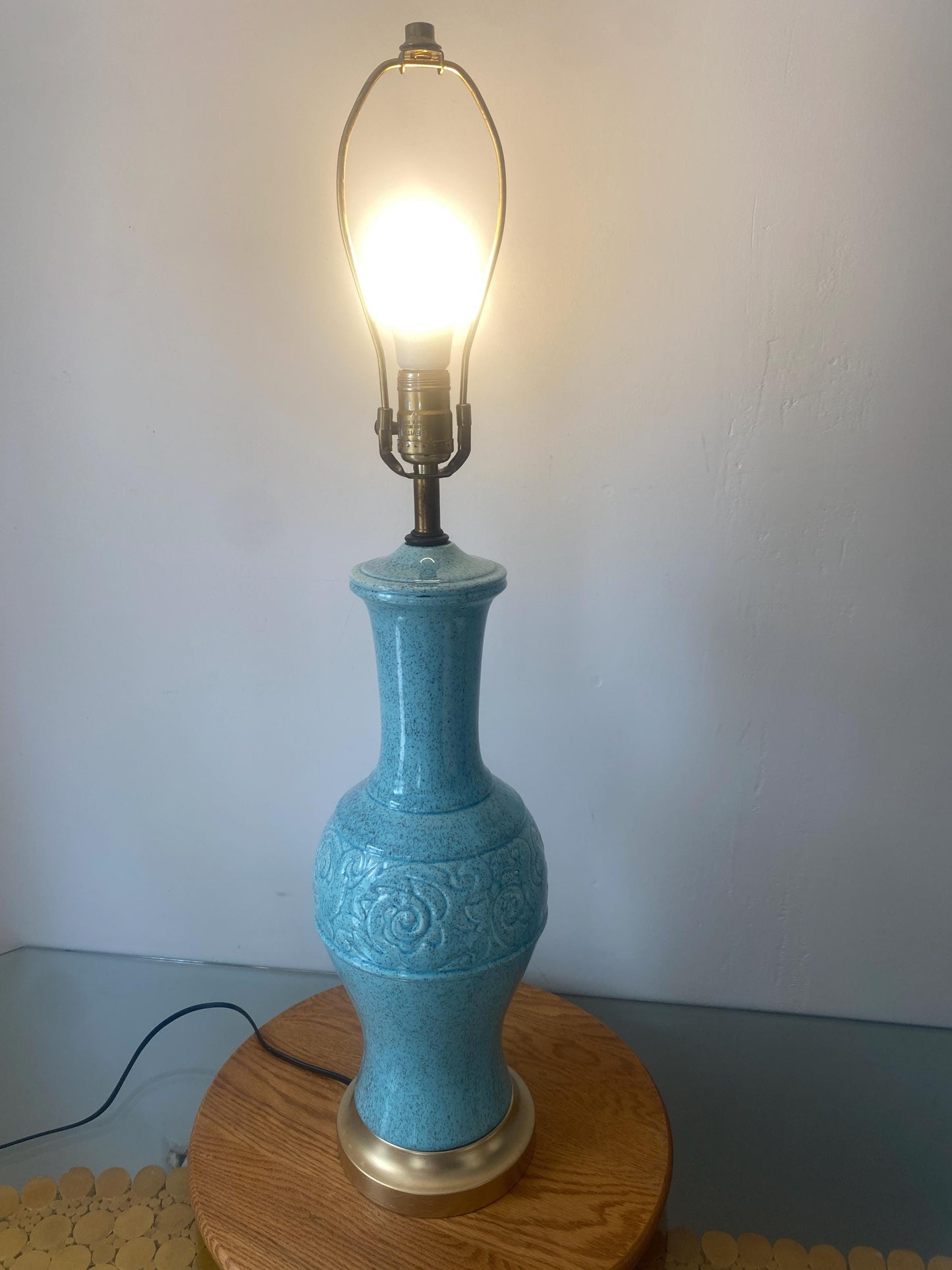 Tall MCM Speckled Robins Egg Blue Ceramic Table Lamp No Shade