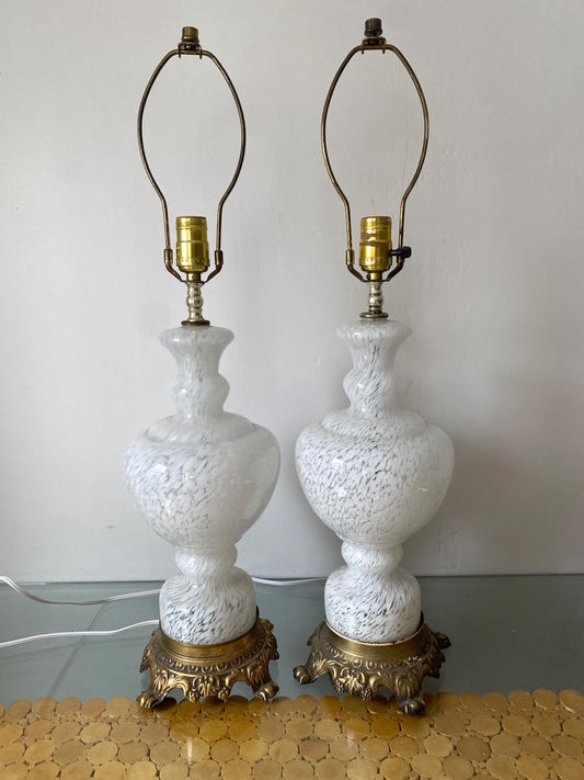 Pair of MCM White Clear Glass Swirl Lamps with Cast Metal Claw Feet Base No Shades