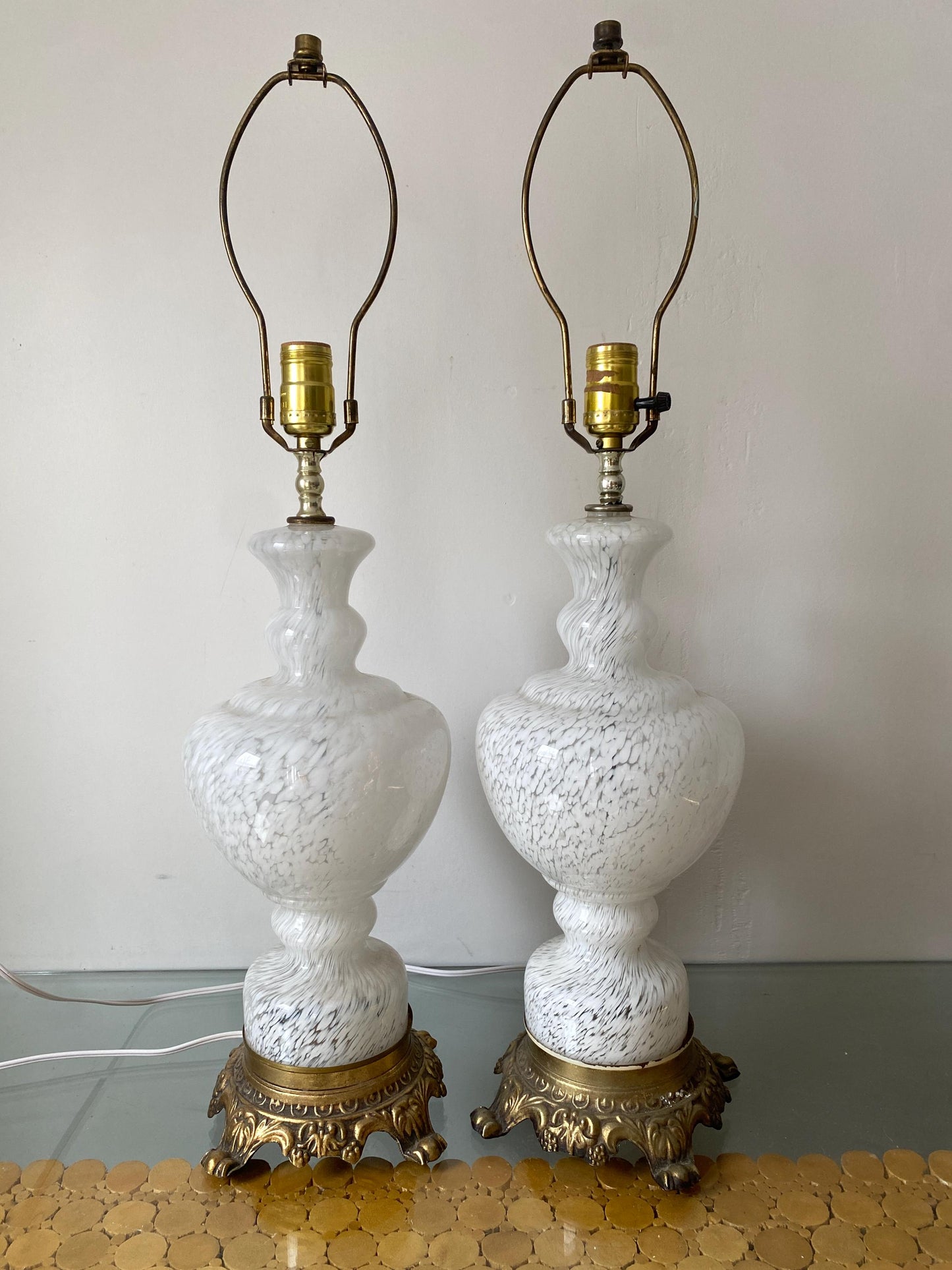 Pair of MCM White Clear Glass Swirl Lamps with Cast Metal Claw Feet Base No Shades