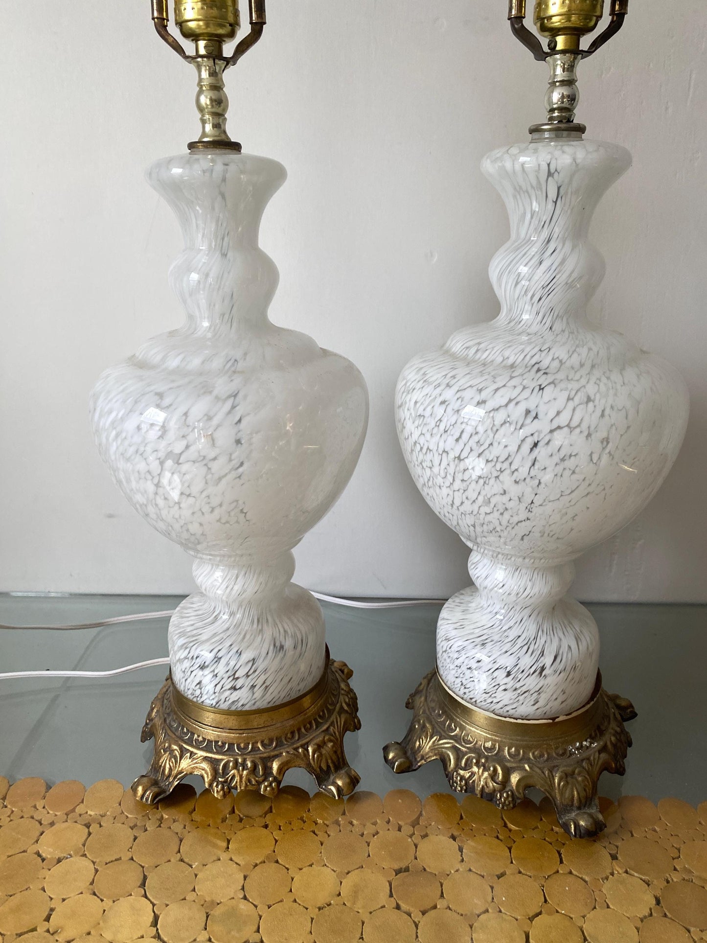 Pair of MCM White Clear Glass Swirl Lamps with Cast Metal Claw Feet Base No Shades