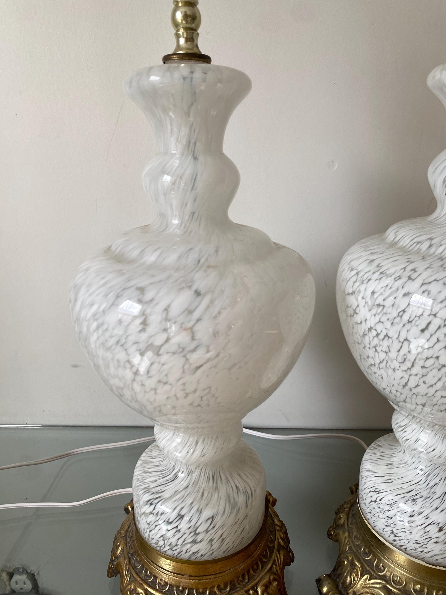 Pair of MCM White Clear Glass Swirl Lamps with Cast Metal Claw Feet Base No Shades