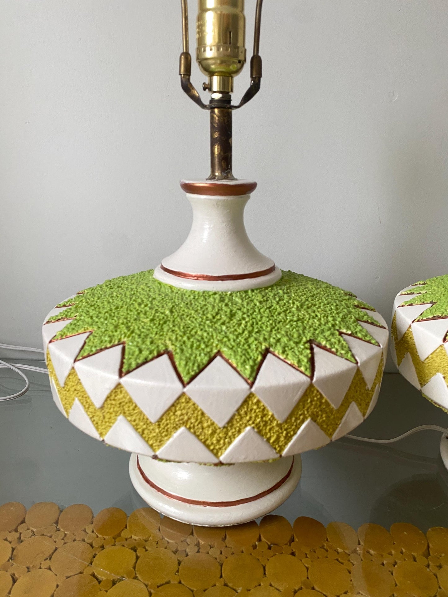 Pair of Medium Colourful Lime Green and White Chalkware Table Lamps No Shades