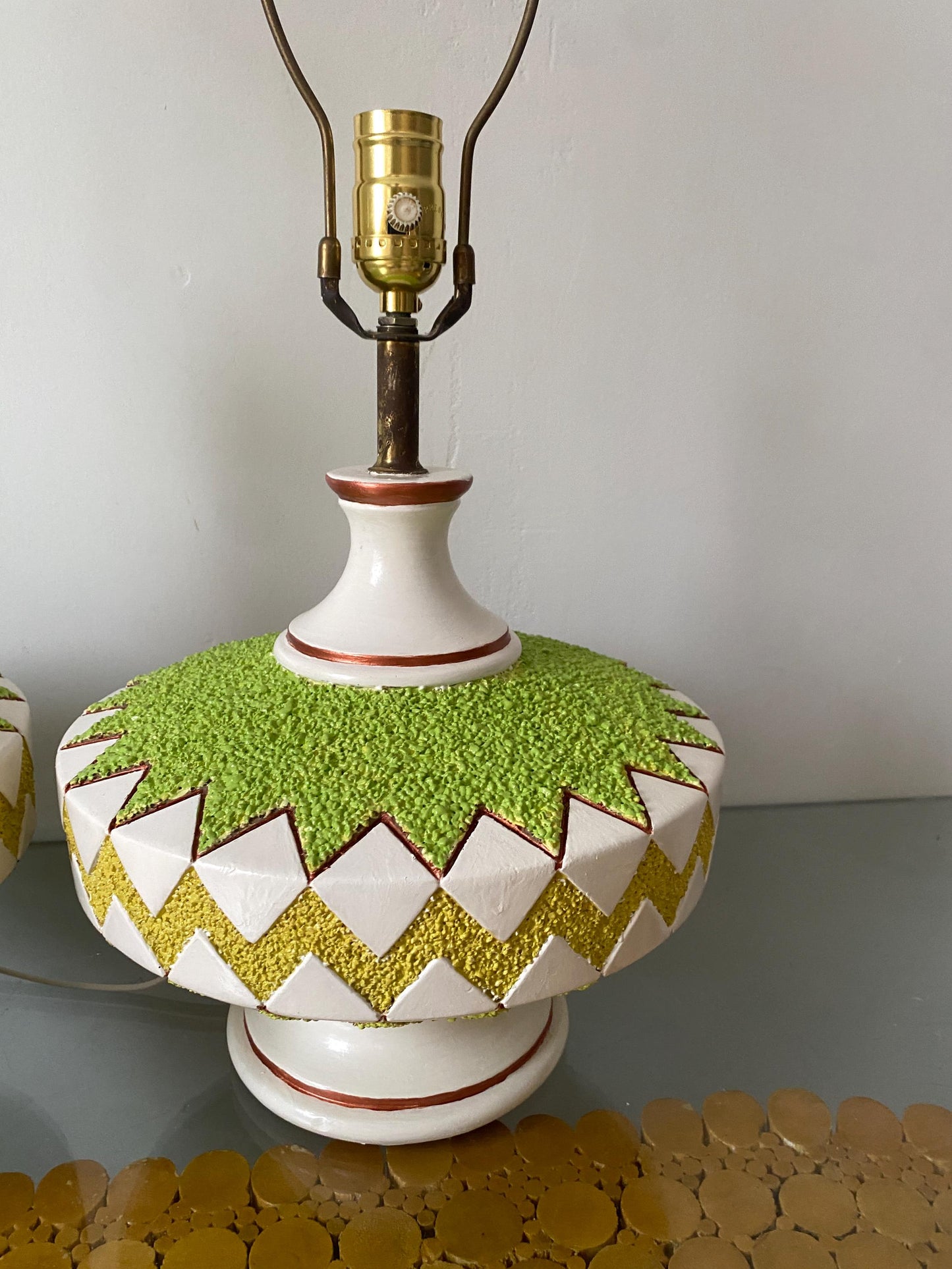 Pair of Medium Colourful Lime Green and White Chalkware Table Lamps No Shades