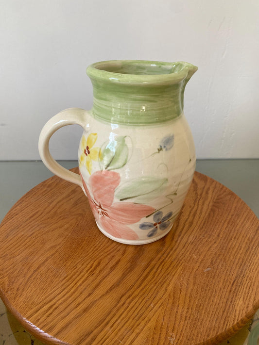 Handmade Pink Flower Ceramic Pitcher with Green Top