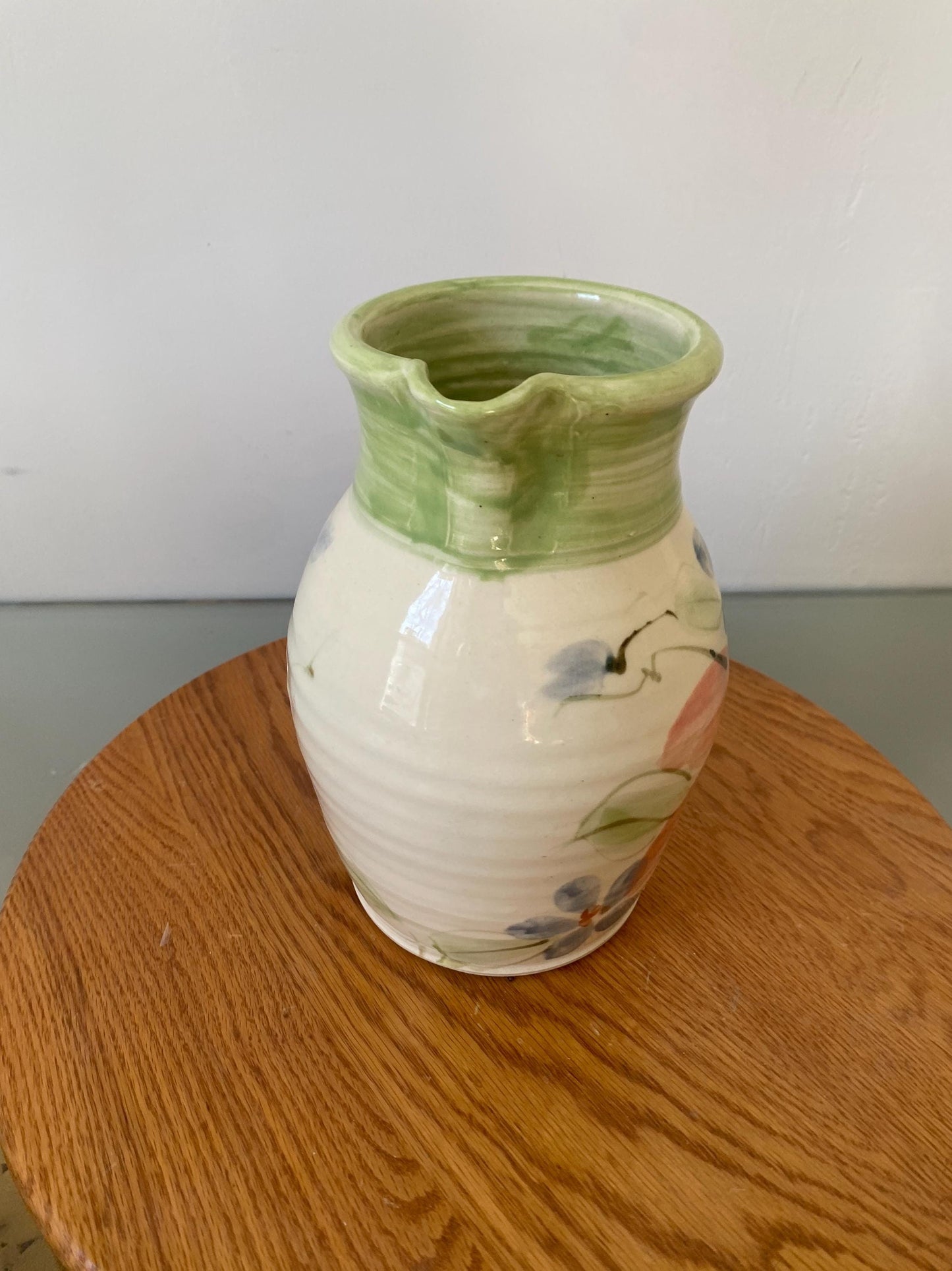Handmade Pink Flower Ceramic Pitcher with Green Top