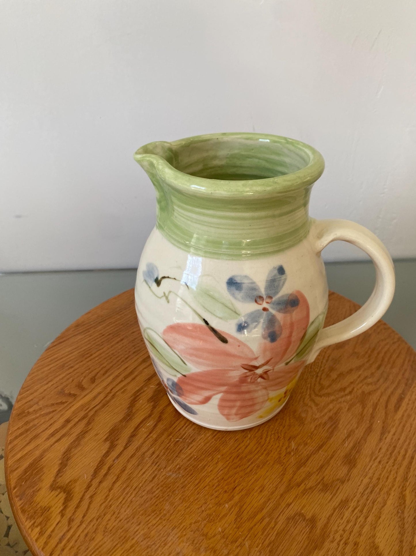 Handmade Pink Flower Ceramic Pitcher with Green Top