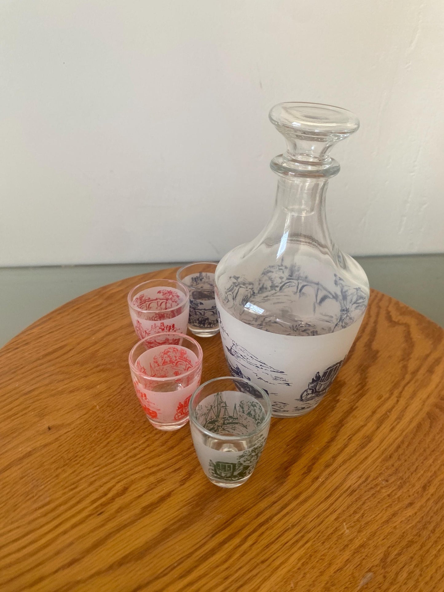 Vintage Glass Decanter with Ship Motif and 6 Small Colourful Glasses