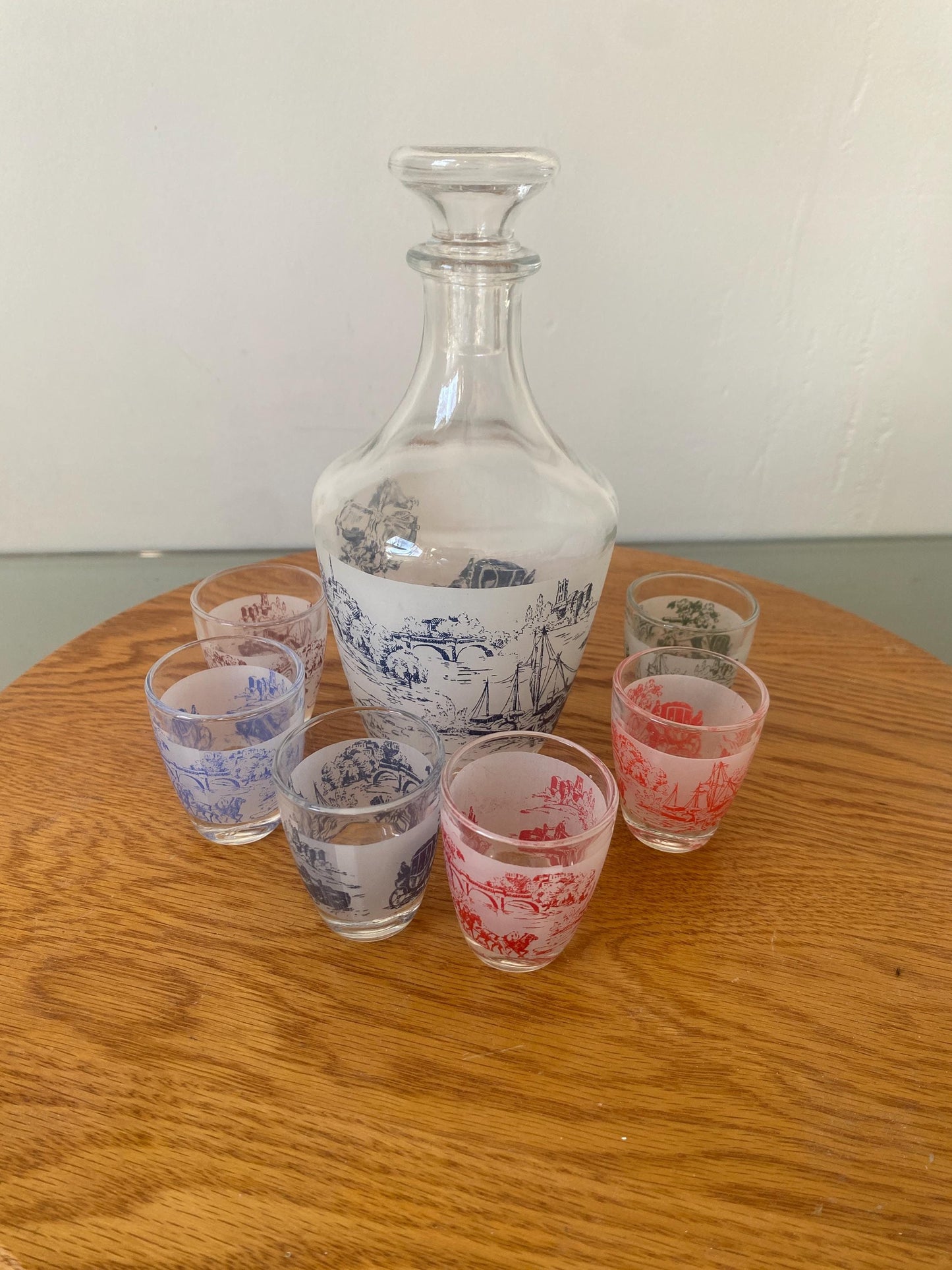 Vintage Glass Decanter with Ship Motif and 6 Small Colourful Glasses