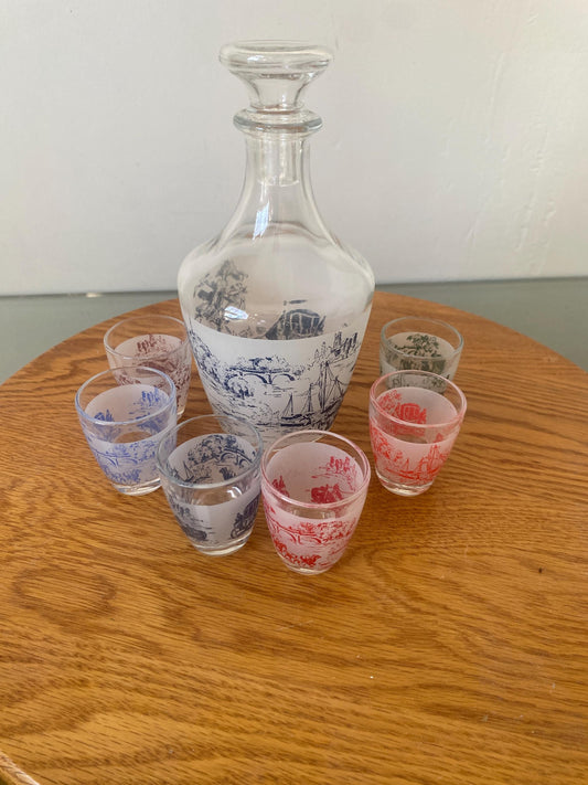 Vintage Glass Decanter with Ship Motif and 6 Small Colourful Glasses