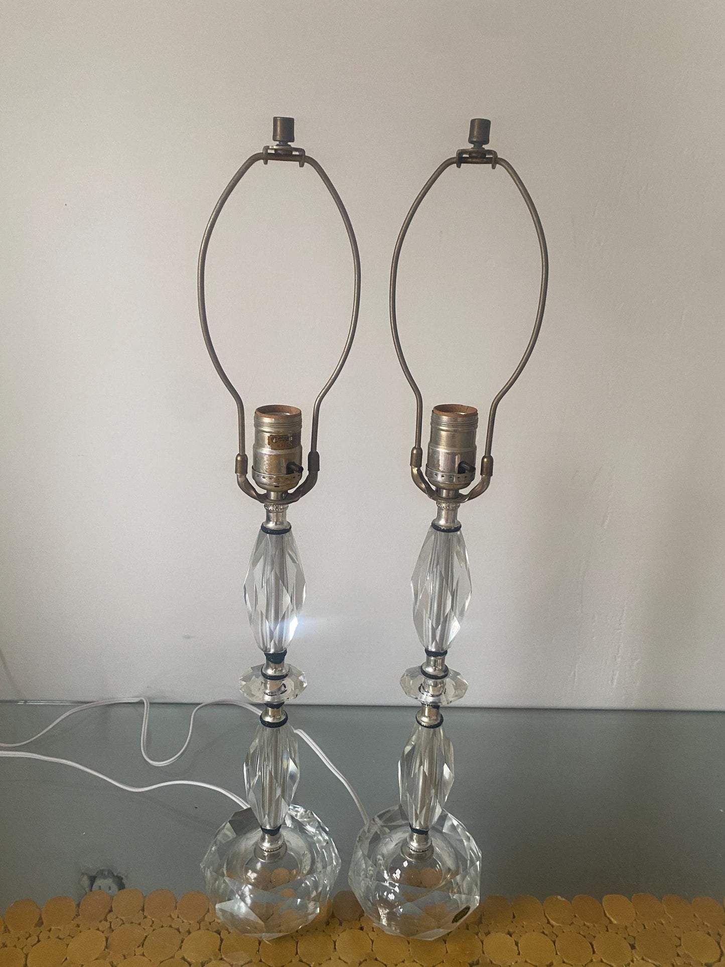 Pair of Vintage Medium Crystal Accent Table Lamps No Shades