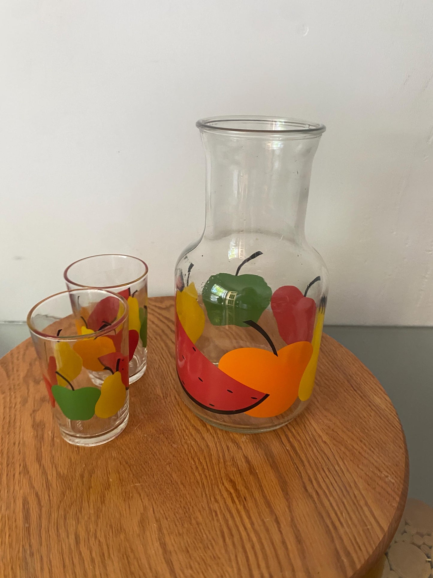 Vintage Set of 3 Glass Decanter with Fruit Design and Matching Cups