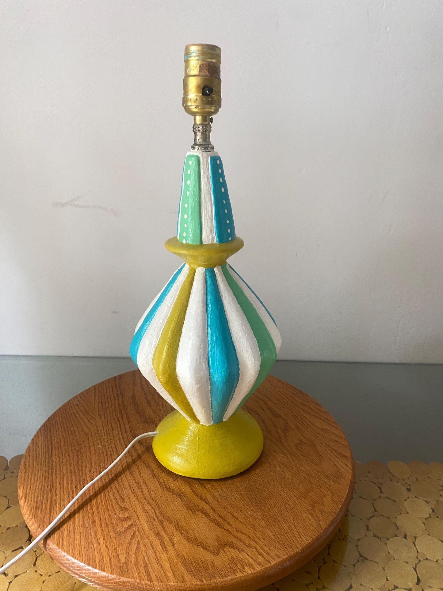 Medium MCM Freshly Painted Blue Yellow and White Chalkware Table Lamp No Shade