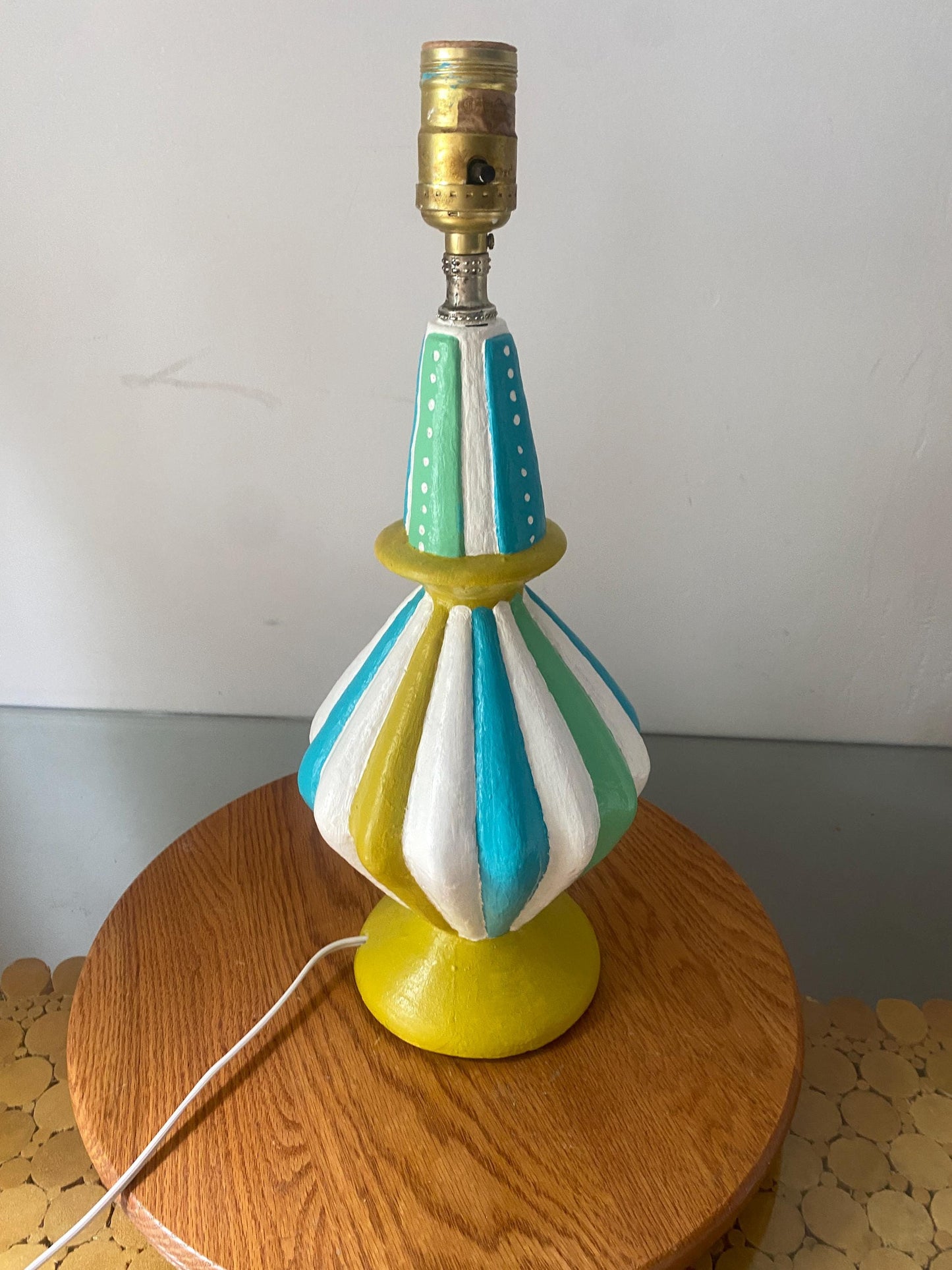 Medium MCM Freshly Painted Blue Yellow and White Chalkware Table Lamp No Shade