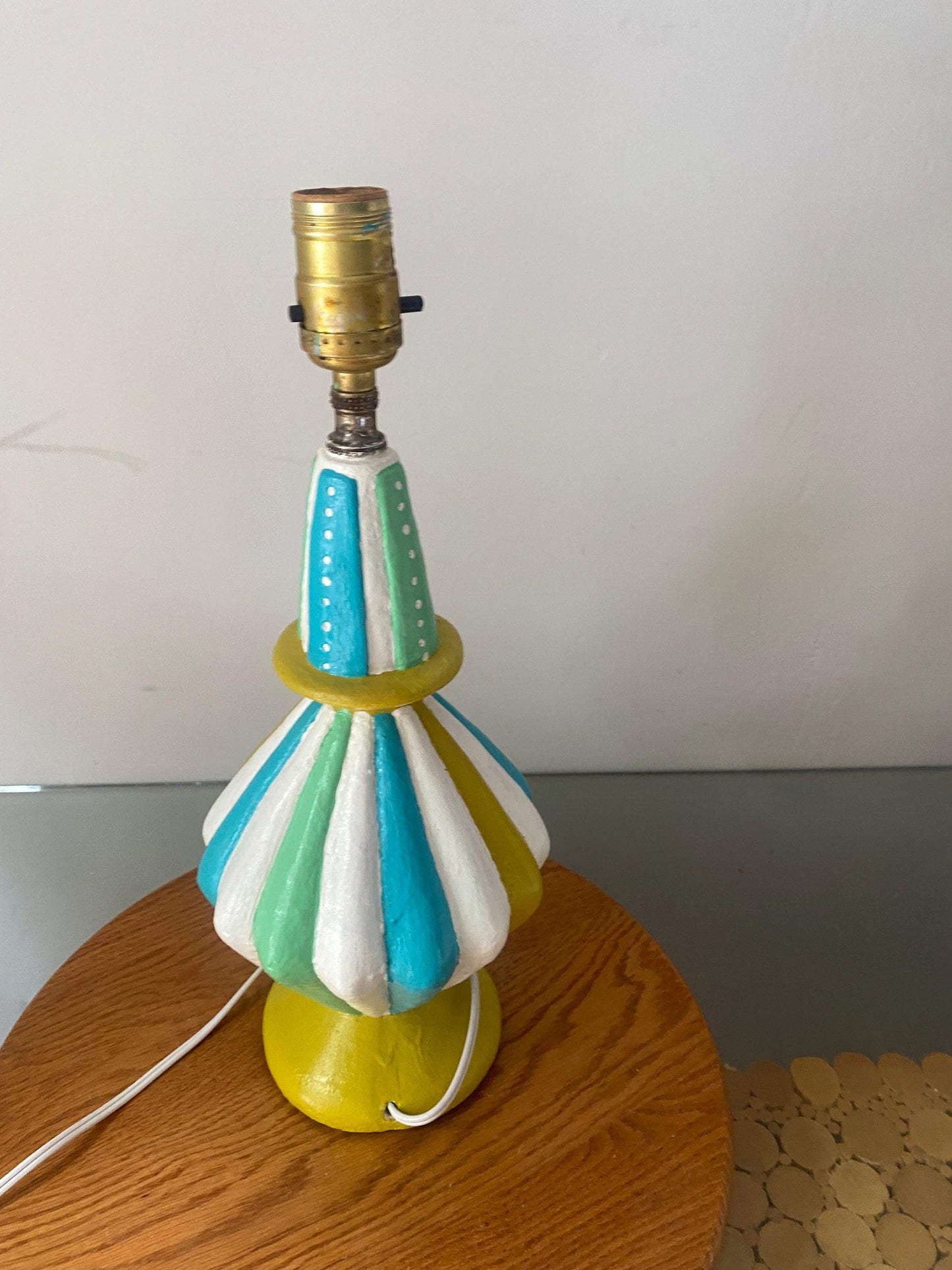 Medium MCM Freshly Painted Blue Yellow and White Chalkware Table Lamp No Shade