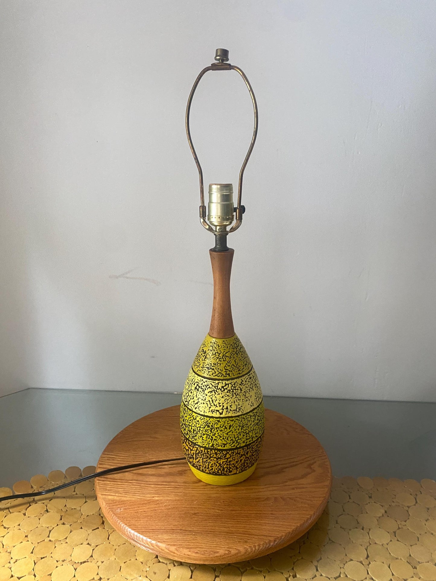 MCM Freshly Painted Yellow Chalkware Table Lamp with Wood Neck No Shade