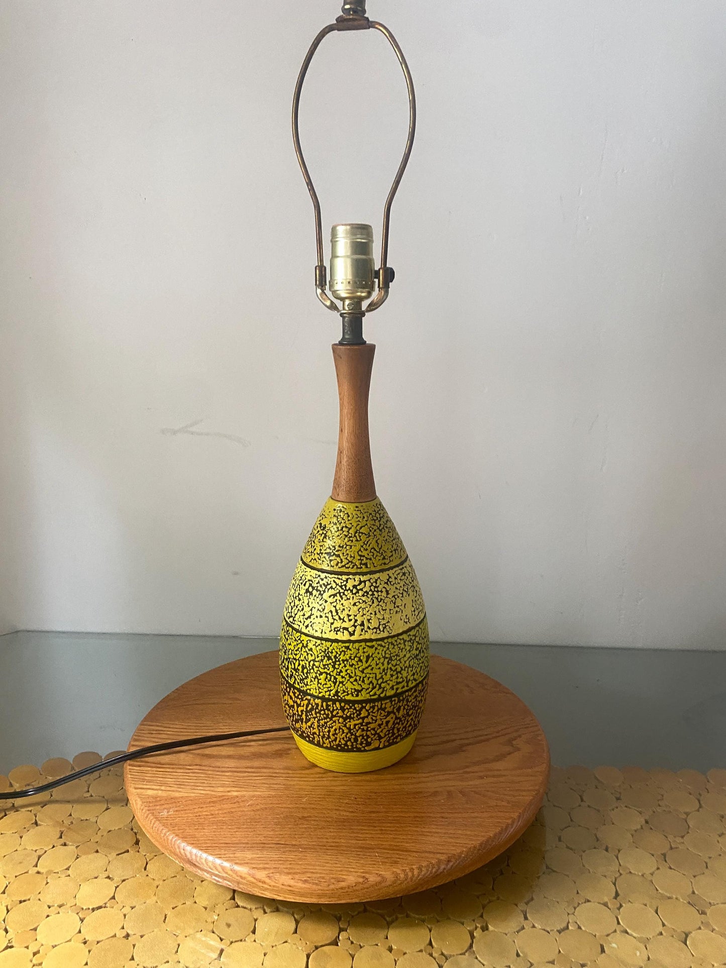 MCM Freshly Painted Yellow Chalkware Table Lamp with Wood Neck No Shade