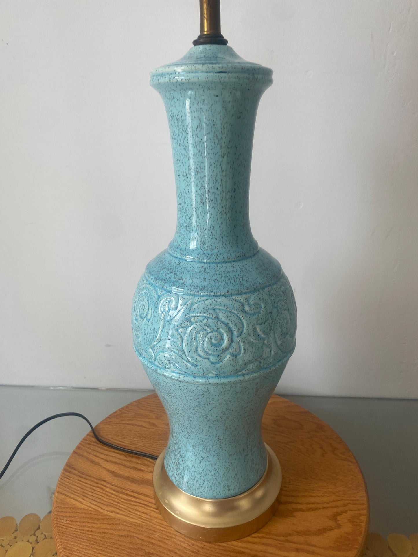 Tall MCM Speckled Robins Egg Blue Ceramic Table Lamp No Shade