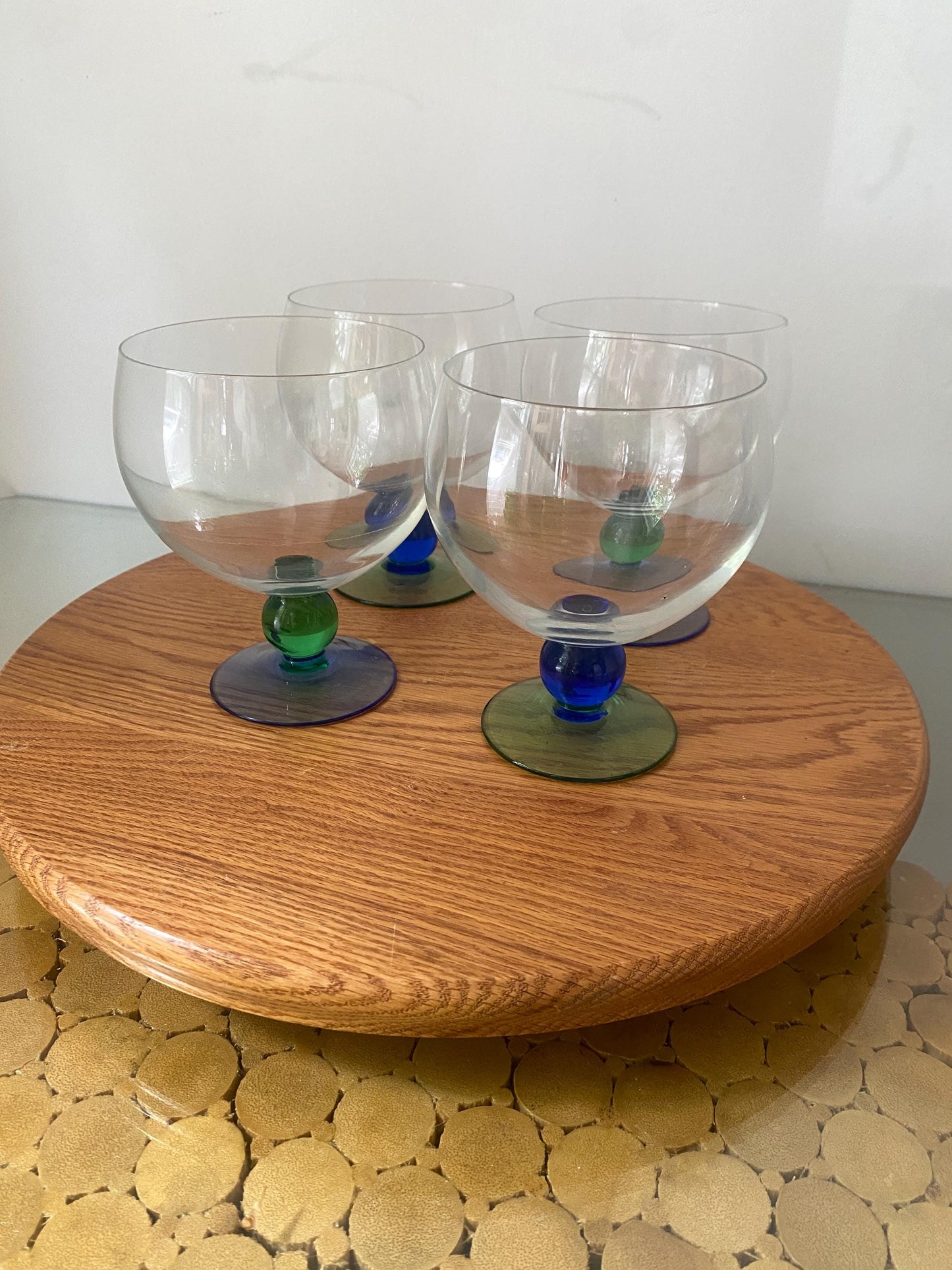 Retro Set of 4 Wide Mouth Cocktail Glasses with Blue and Green Stem