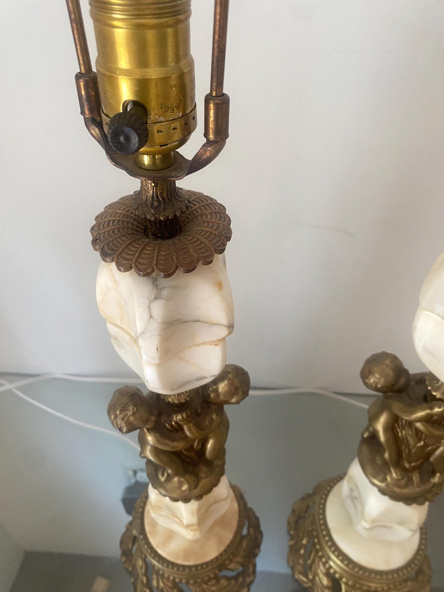 Pair of Gorgeous Marble Table Lamps with Brass Cherubs Made in Italy