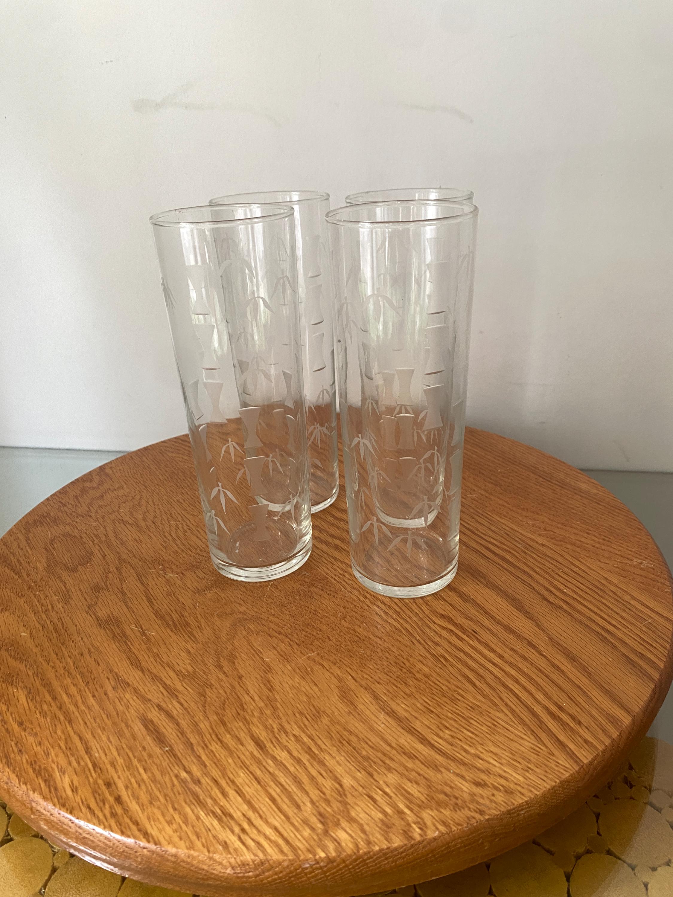 Vintage Libbey Set of 4 Clear Tom Collins Tumblers with Etched Bamboo ...