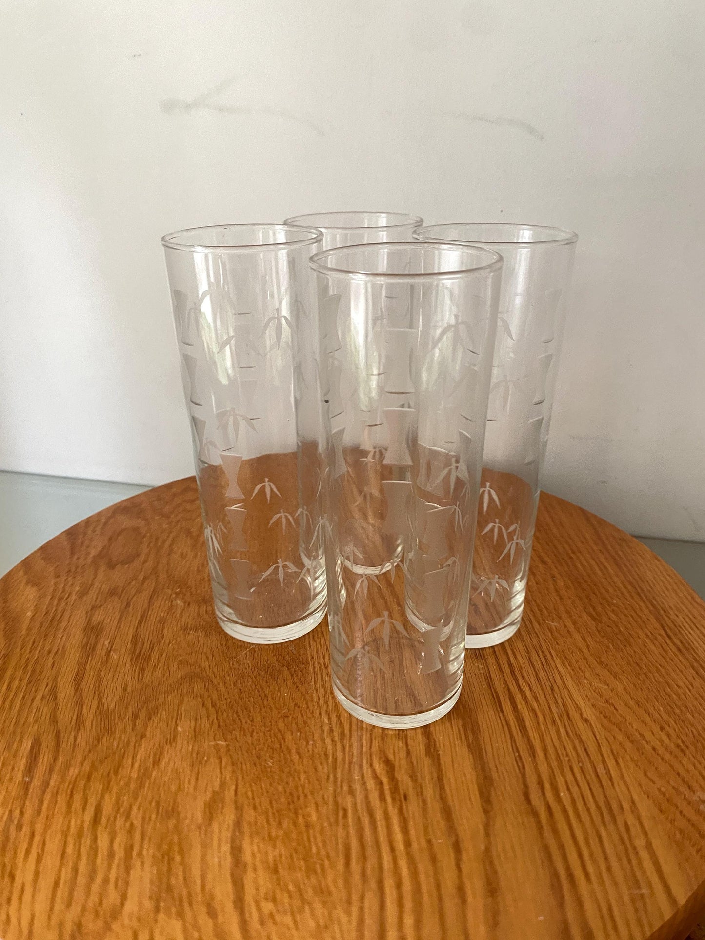 Vintage Libbey Set of 4 Clear Tom Collins Tumblers with Etched Bamboo