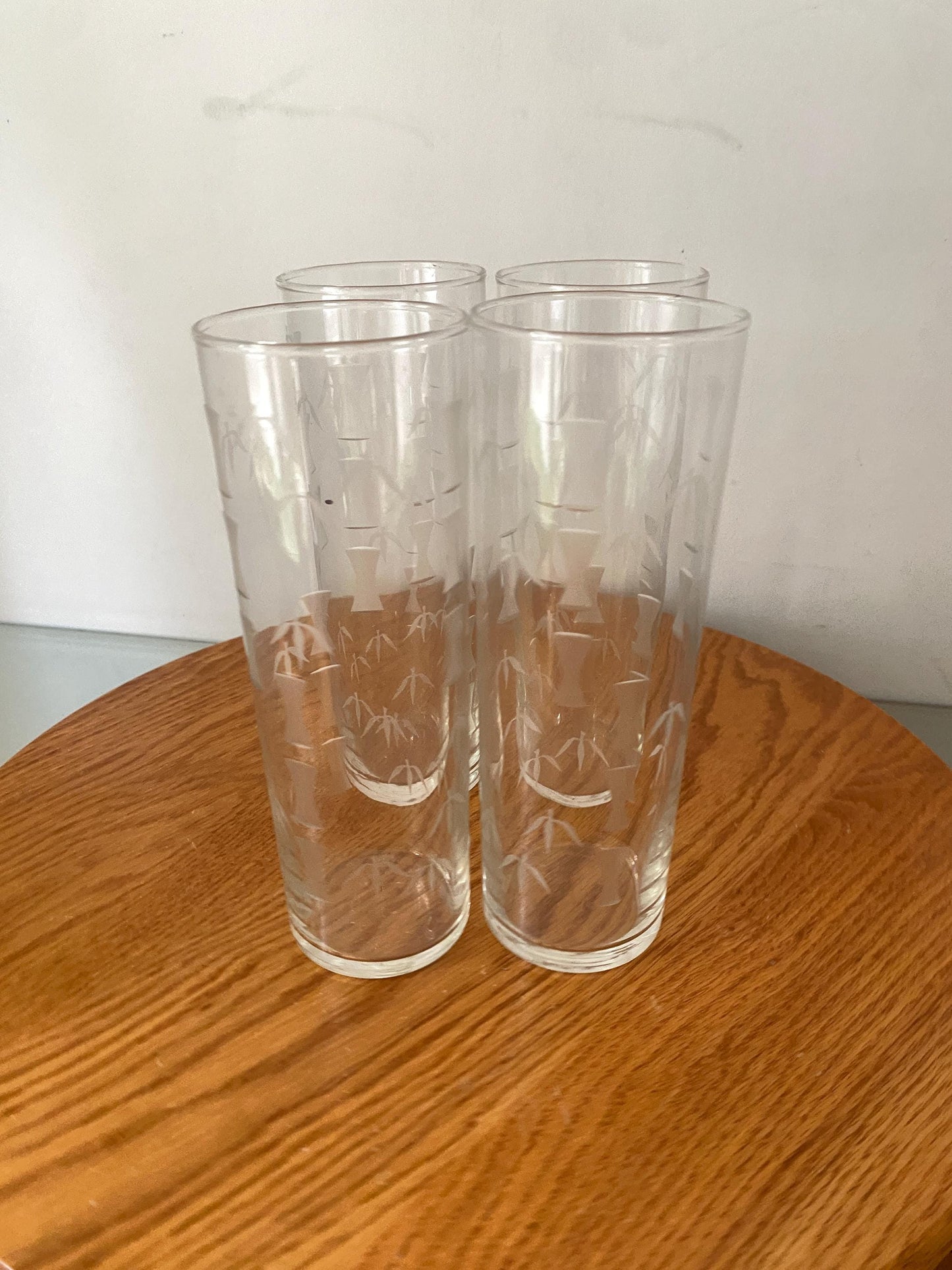 Vintage Libbey Set of 4 Clear Tom Collins Tumblers with Etched Bamboo