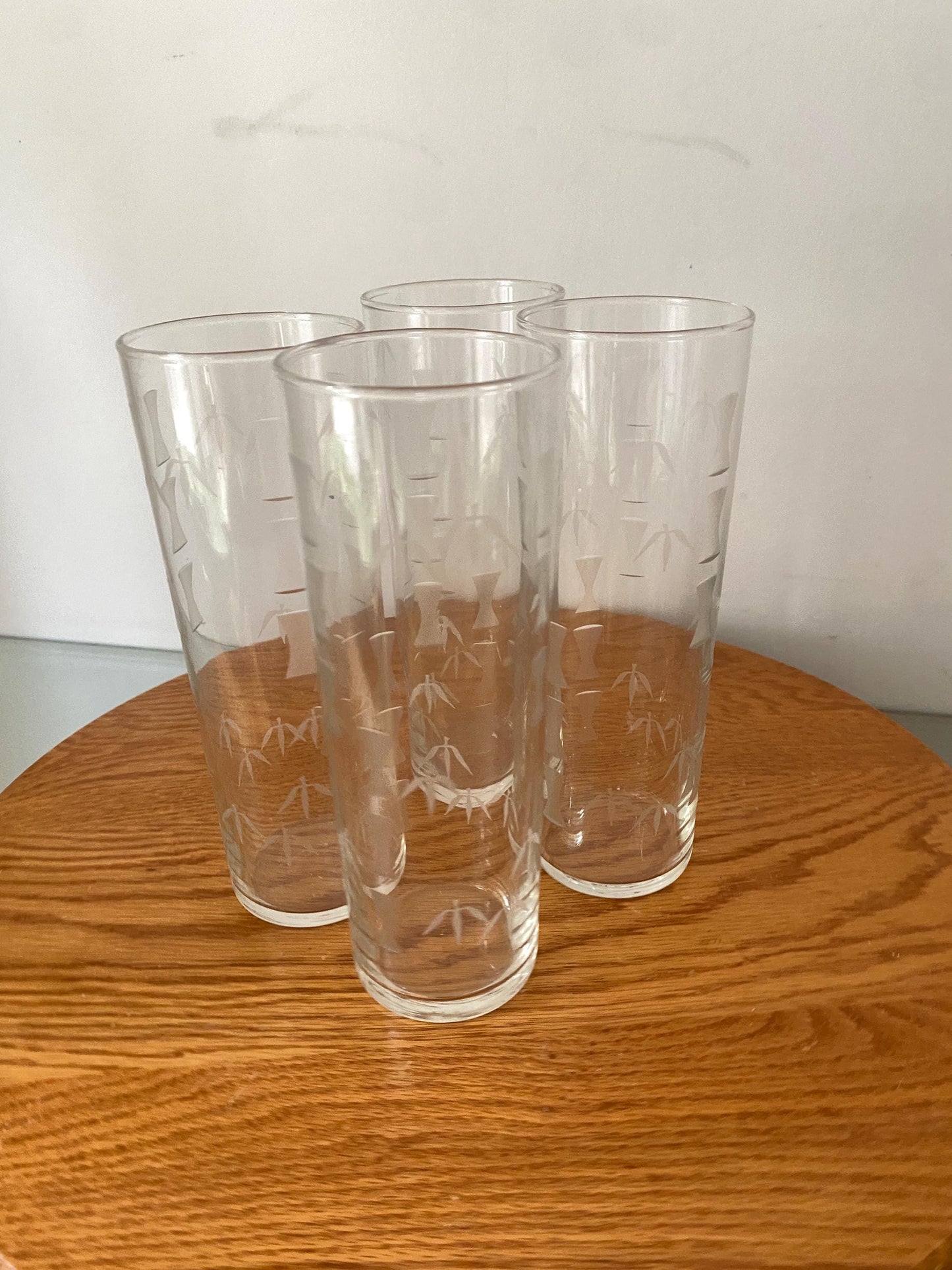 Vintage Libbey Set of 4 Clear Tom Collins Tumblers with Etched Bamboo