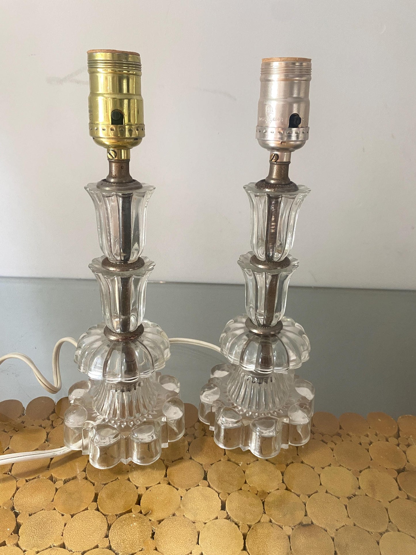Pair of Vintage Small Clear Glass Accent Table Lamp No Shades