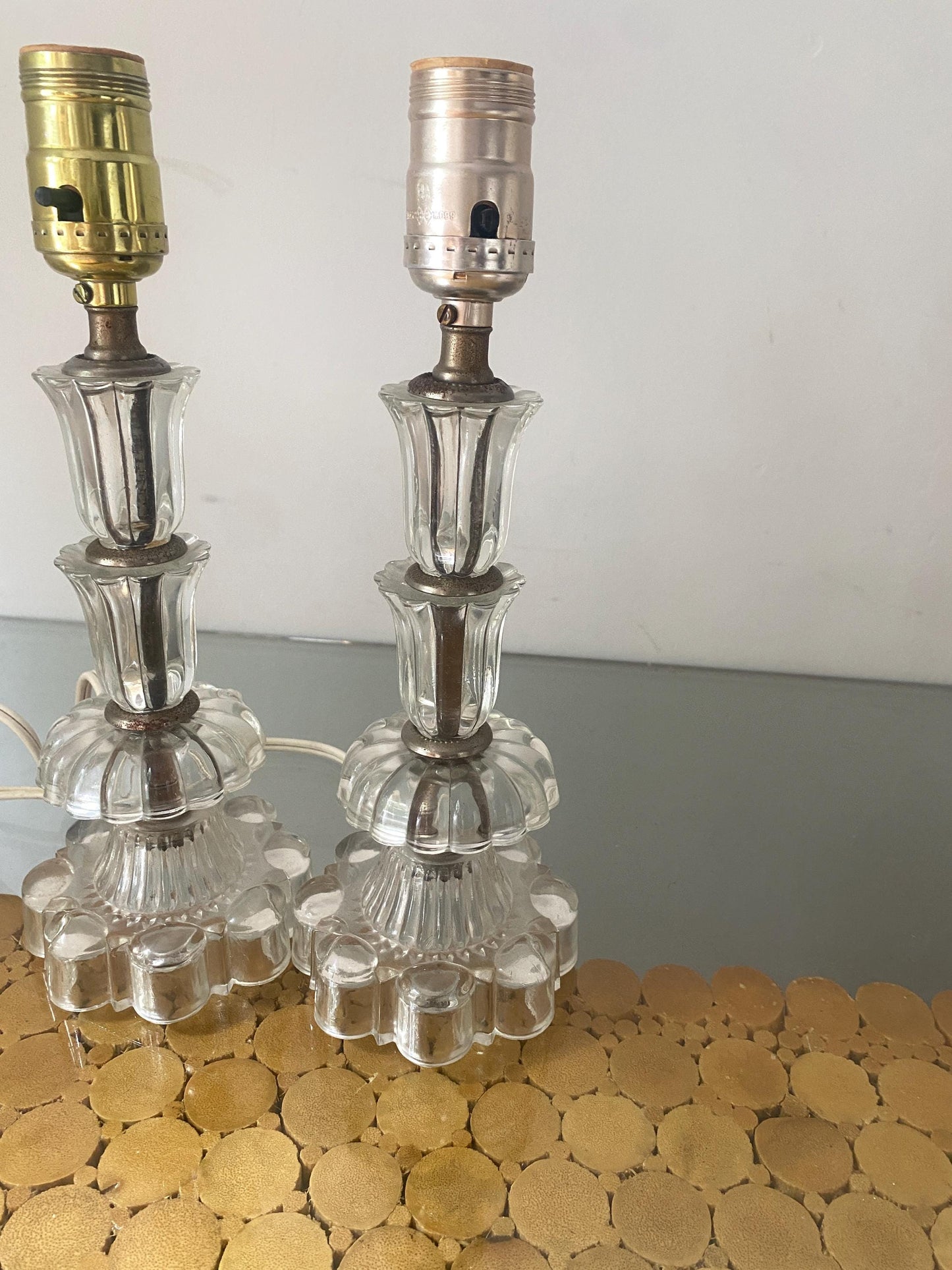 Pair of Vintage Small Clear Glass Accent Table Lamp No Shades