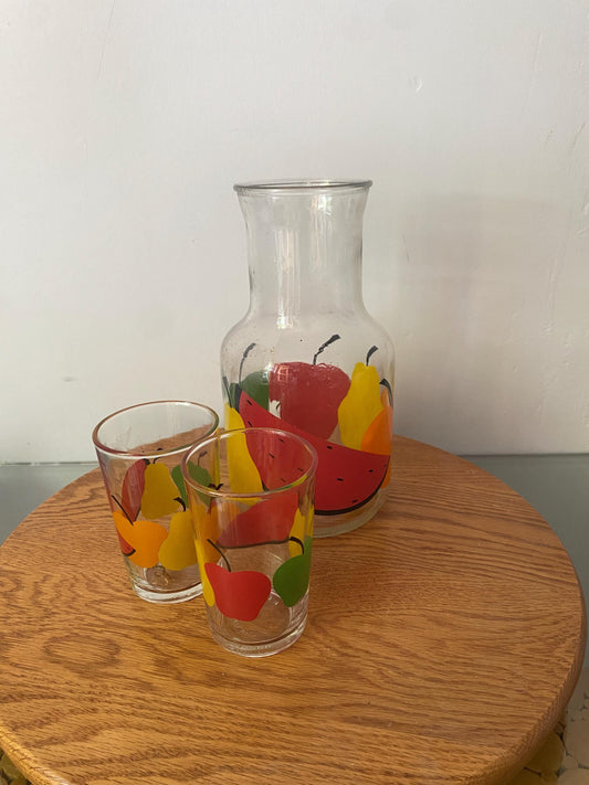 Vintage Set of 3 Glass Decanter with Fruit Design and Matching Cups