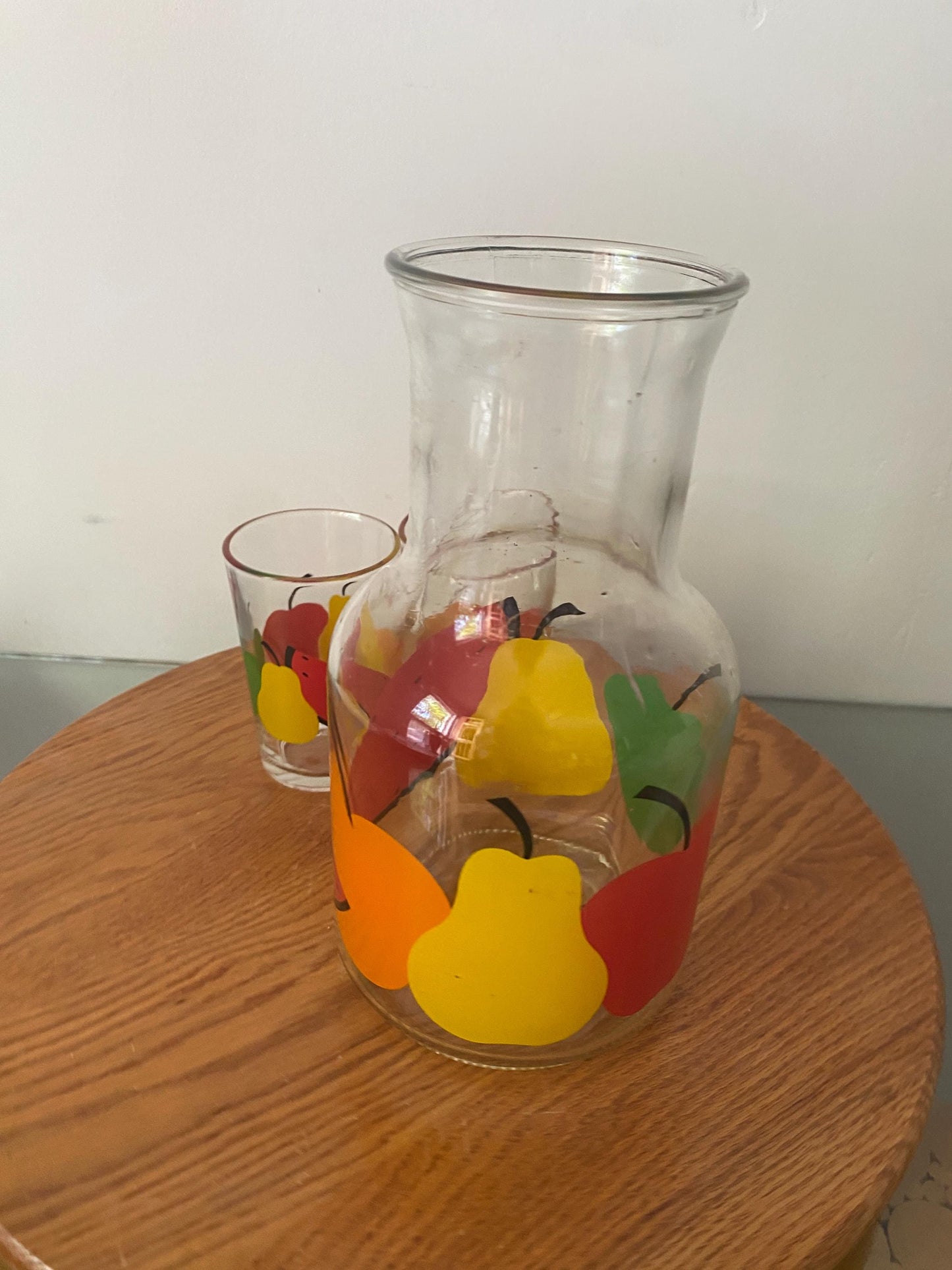 Vintage Set of 3 Glass Decanter with Fruit Design and Matching Cups