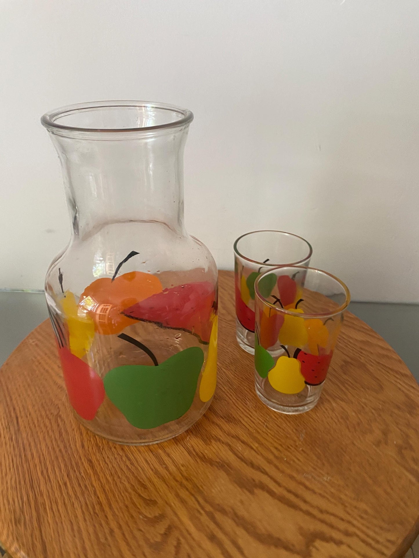 Vintage Set of 3 Glass Decanter with Fruit Design and Matching Cups