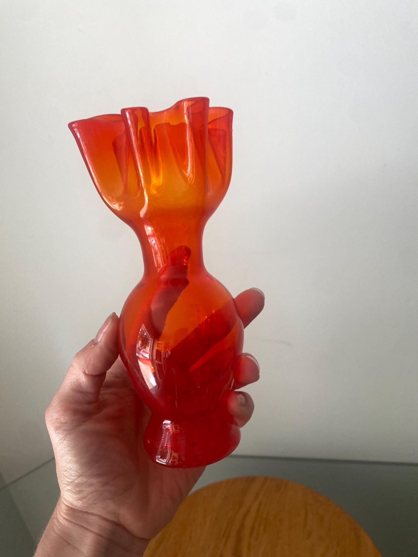 Short Vintage Bright Red Frilled Glass Vase