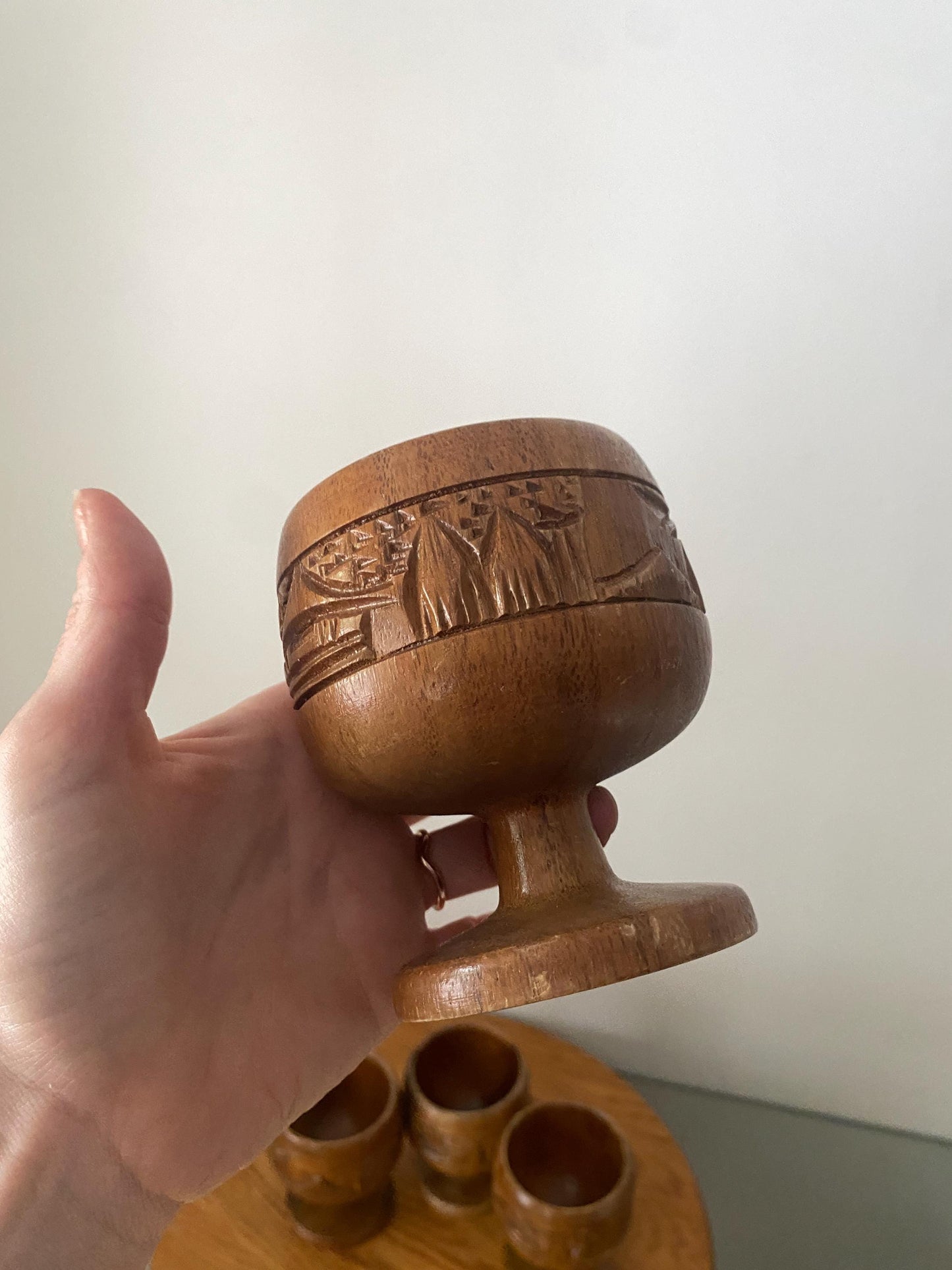 Vintage Set of 4 Carved Wooden Goblets